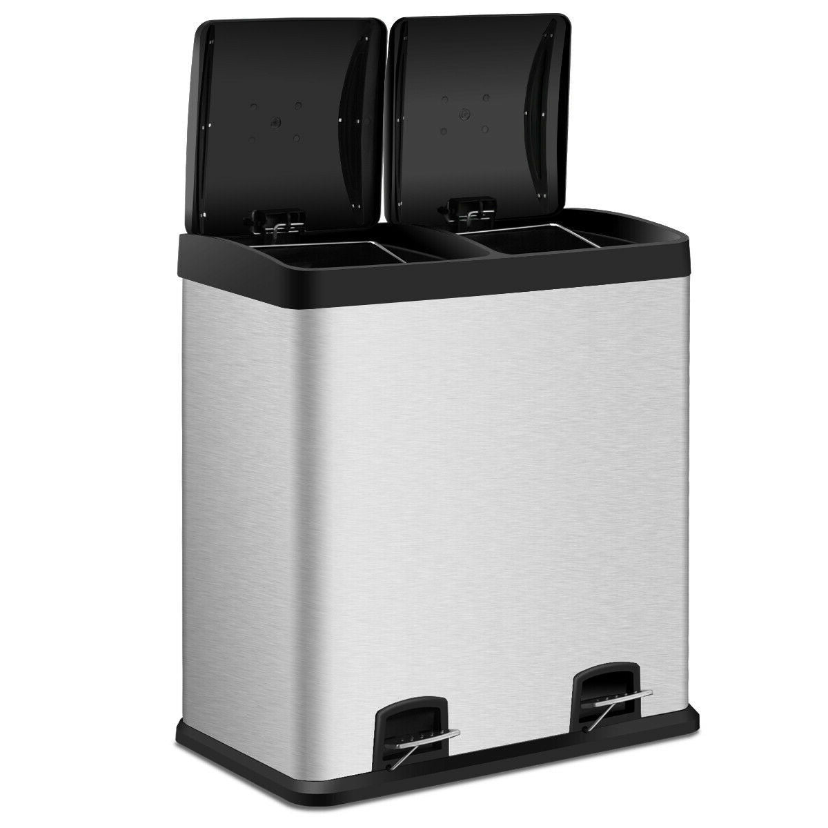 Large 16-Gallon Dual Compartment Kitchen Trash Can with Foot Pedal Open-0