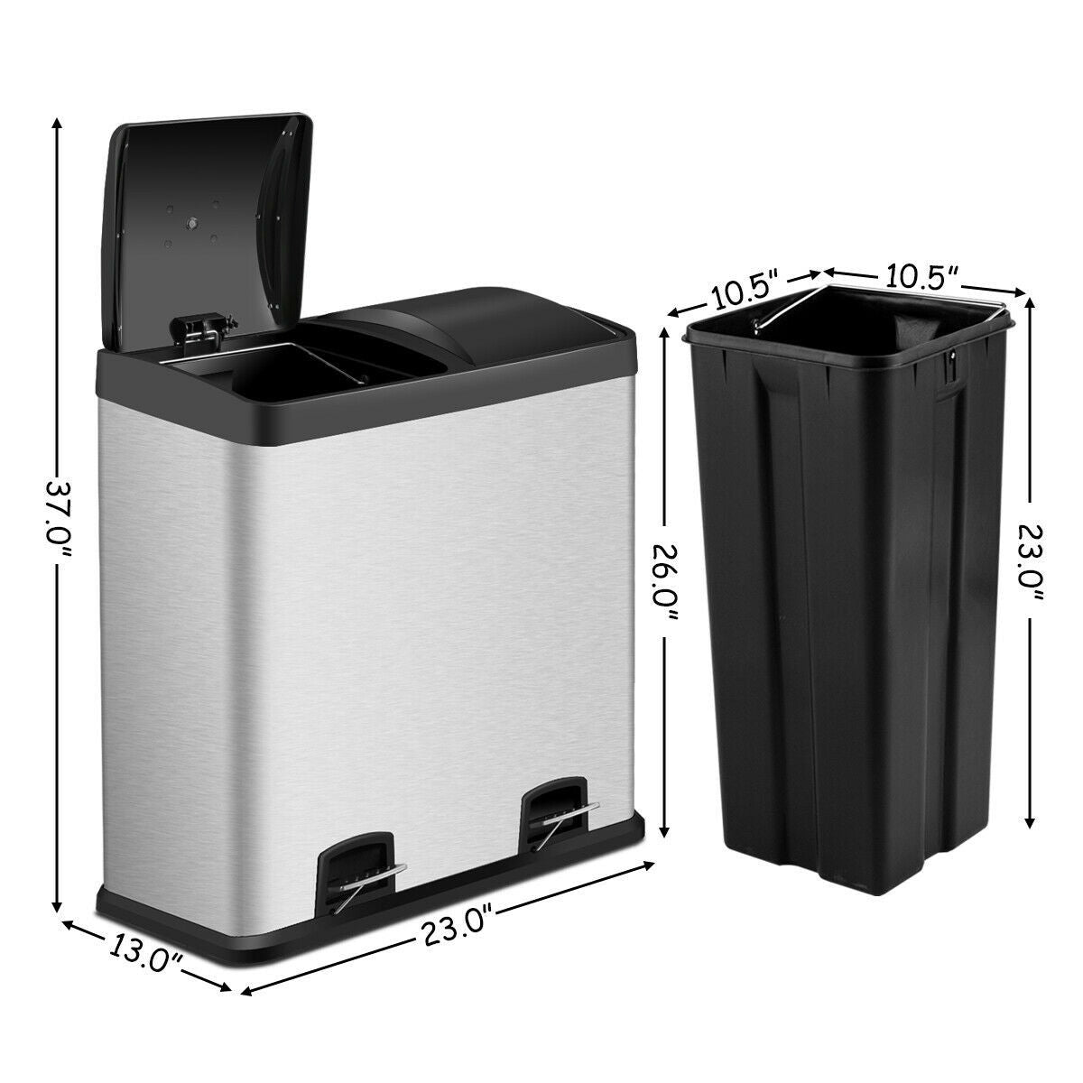 Large 16-Gallon Dual Compartment Kitchen Trash Can with Foot Pedal Open-3