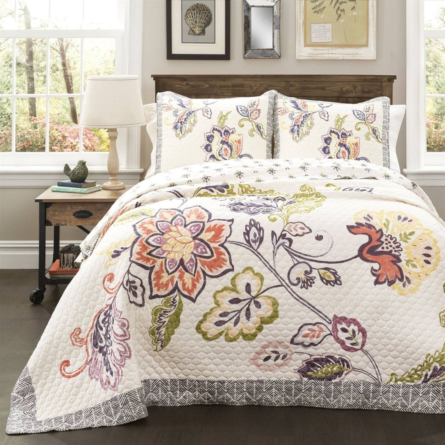 Full/Queen 3 Piece Floral Boho Cotton Off-White Navy Pastel Quilt Set-0