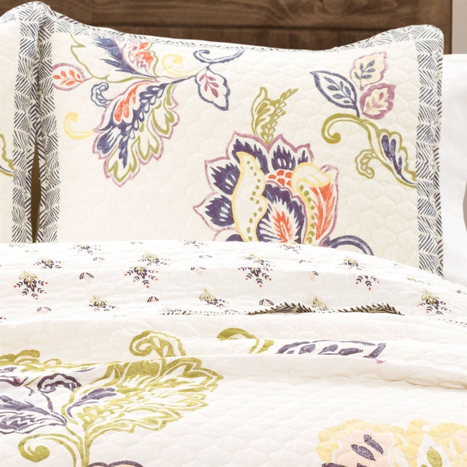 Full/Queen 3 Piece Floral Boho Cotton Off-White Navy Pastel Quilt Set-2