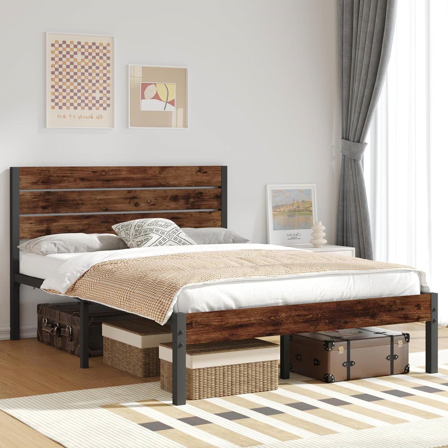 Full size Modern Farmhouse Metal Platform Bed Frame with Brown Wood Headboard-0