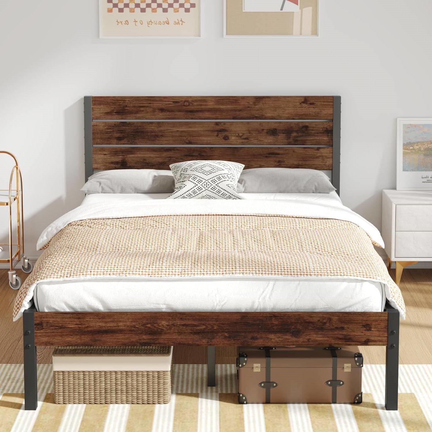 Full size Modern Farmhouse Metal Platform Bed Frame with Brown Wood Headboard-1