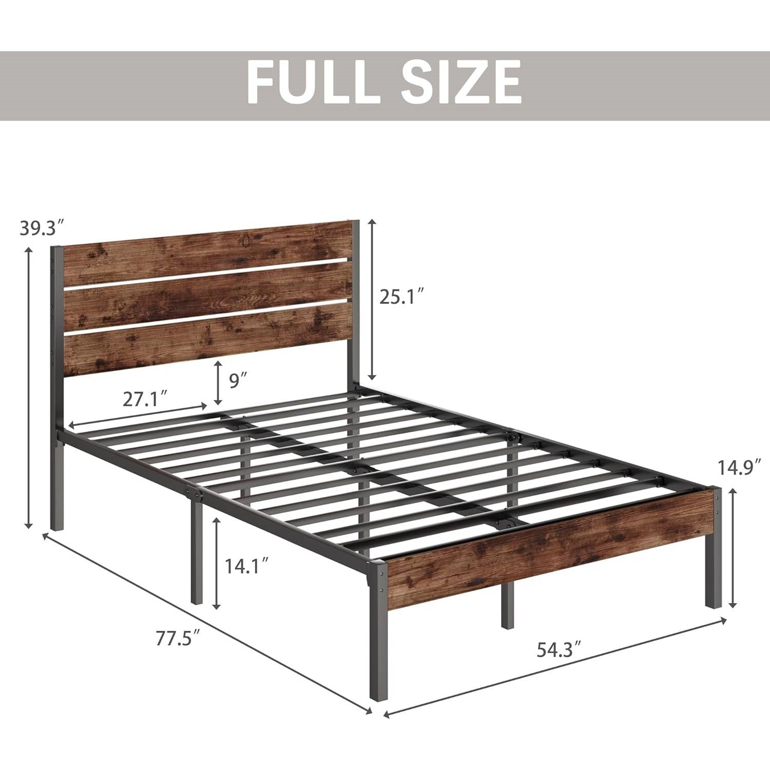 Full size Modern Farmhouse Metal Platform Bed Frame with Brown Wood Headboard-4