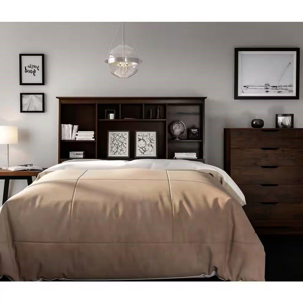 Full size Farmhouse Bookcase Headboard in Espresso Brown Wood Finish-2