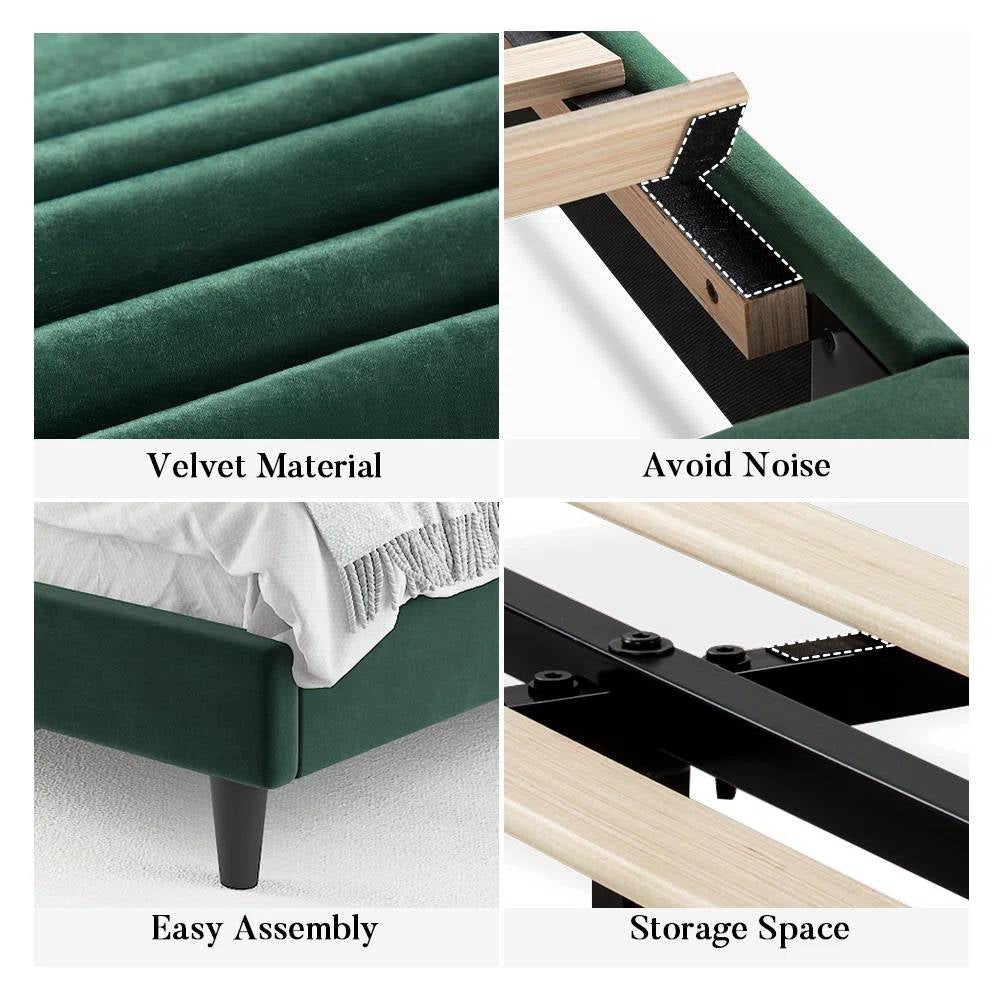 Full size Green Velvet Upholstered Platform Bed Frame with Headboard-2