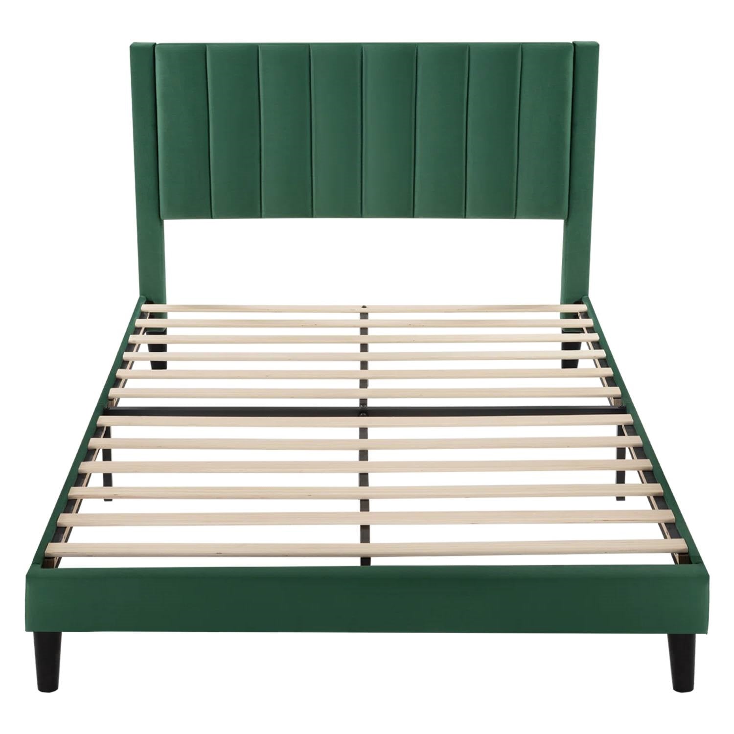 Full size Green Velvet Upholstered Platform Bed Frame with Headboard-3