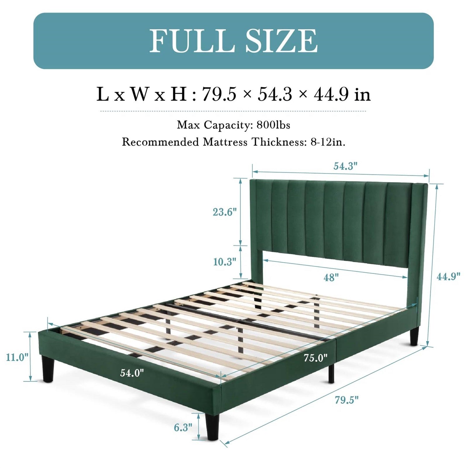 Full size Green Velvet Upholstered Platform Bed Frame with Headboard-4