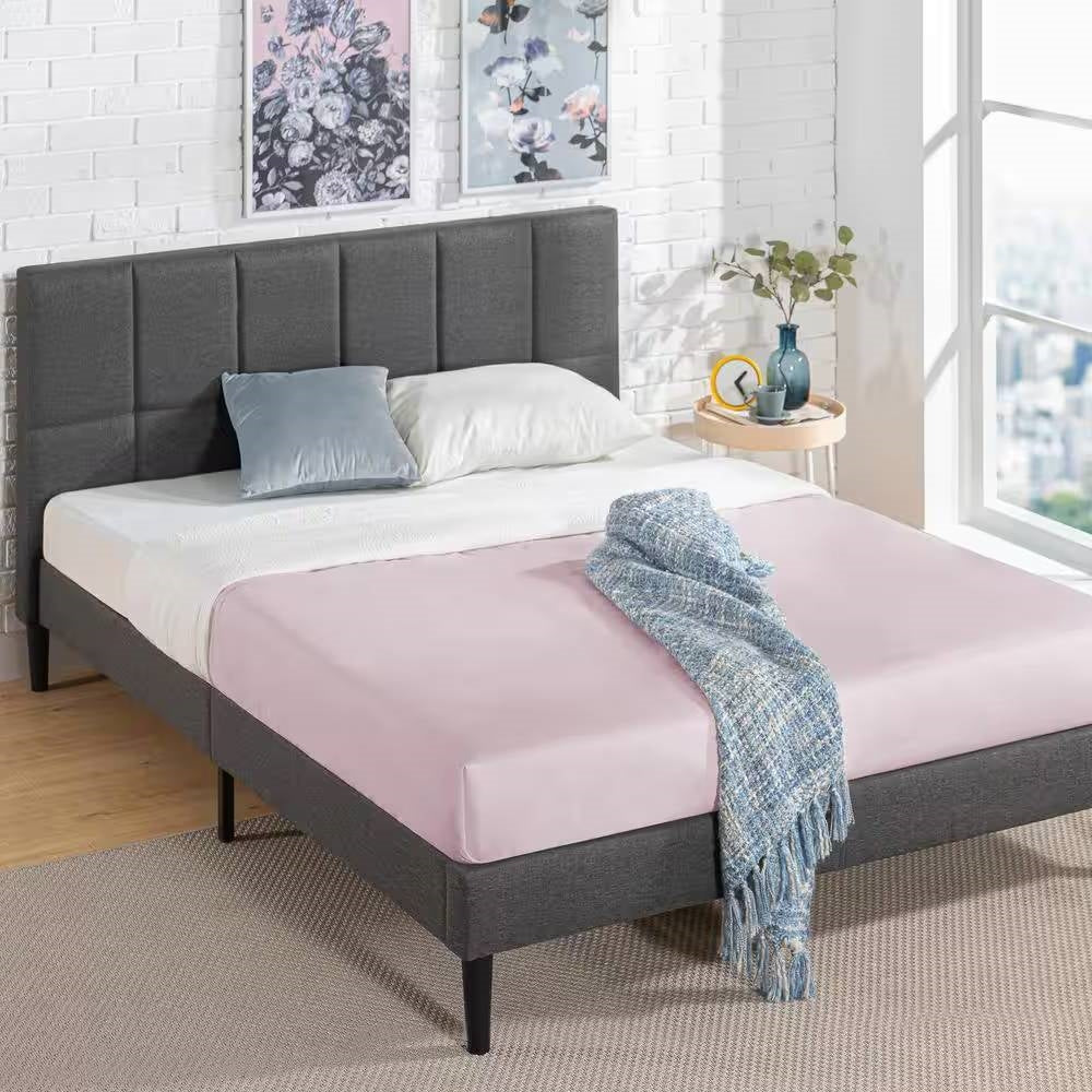 Full size Grey Upholstered Platform Bed Frame with Padded Headboard-1
