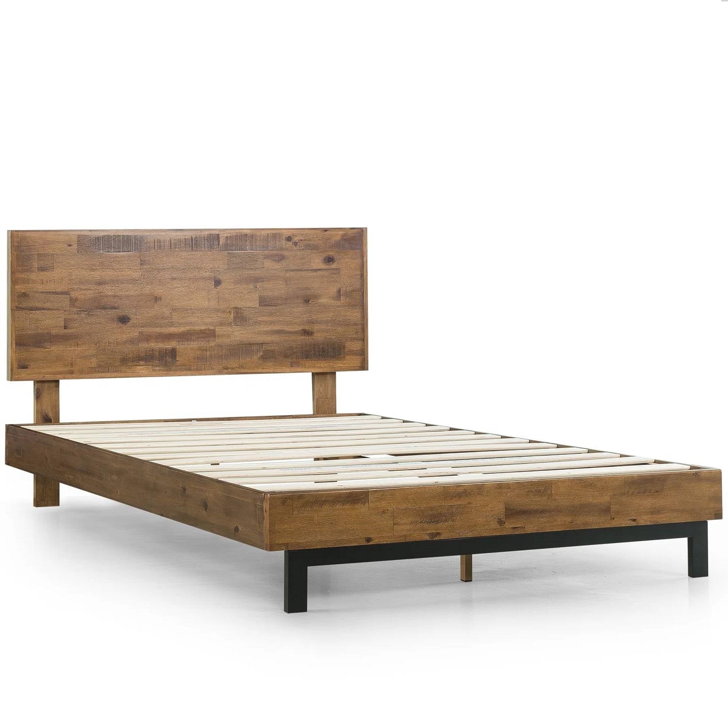 Full size Solid Wood Modern Platform Bed Frame with Adjustable Height Headboard-0