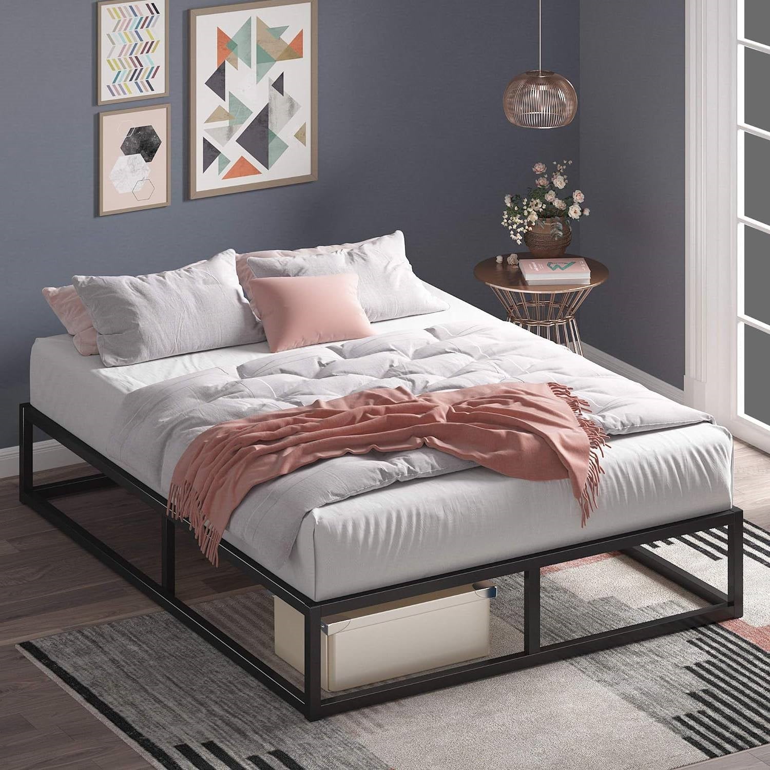 Full size 10-inch Low Profile Modern Metal Wood Slat Platform Bed Frame-2