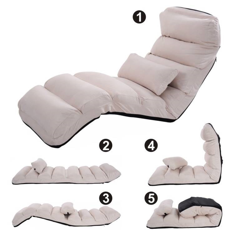 Foldable Multi-Position Sofa Bed Lounger Couch with Pillow in Beige Faux Suede-4