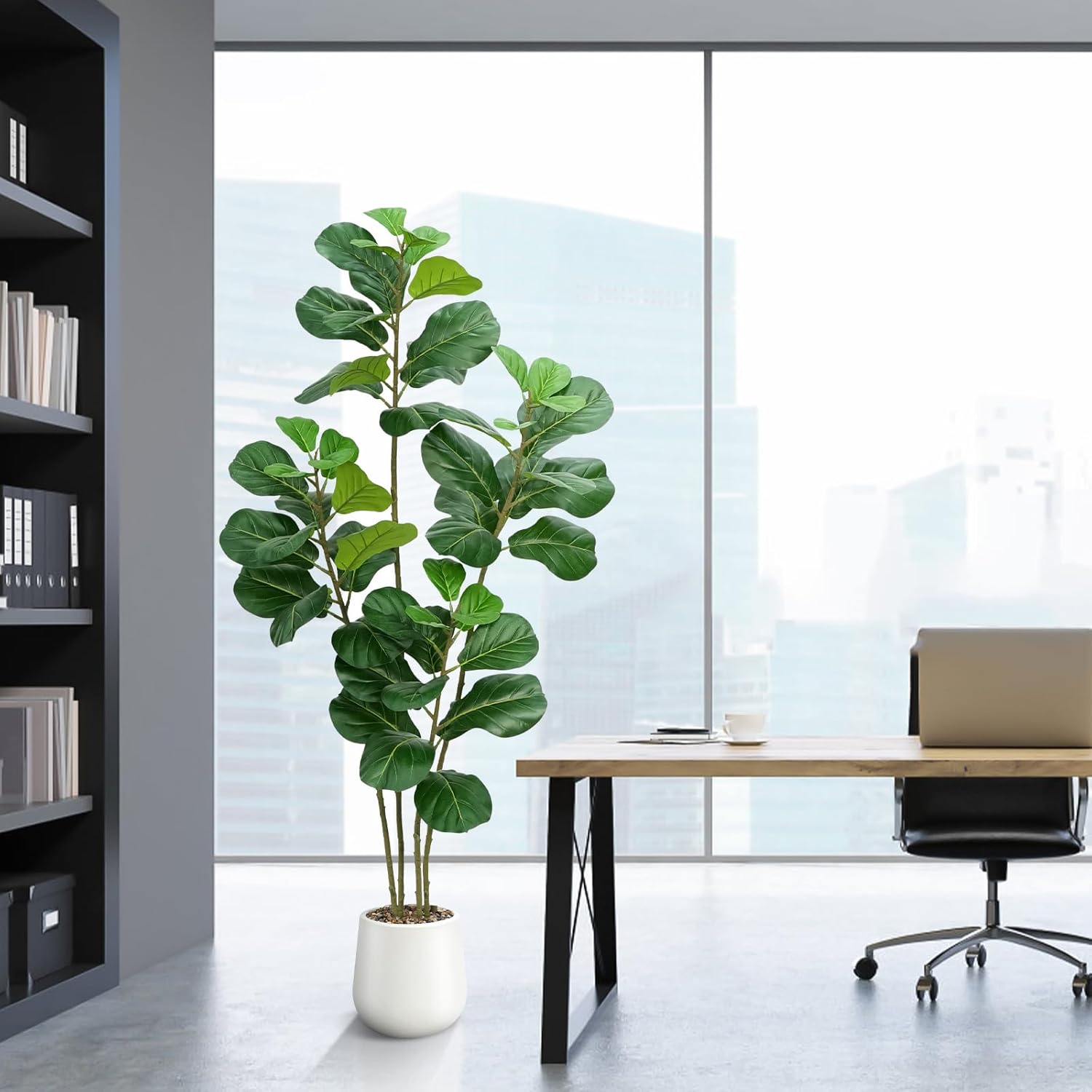 Faux Fiddle Leaf Fig Tree In White Planter 6'-3
