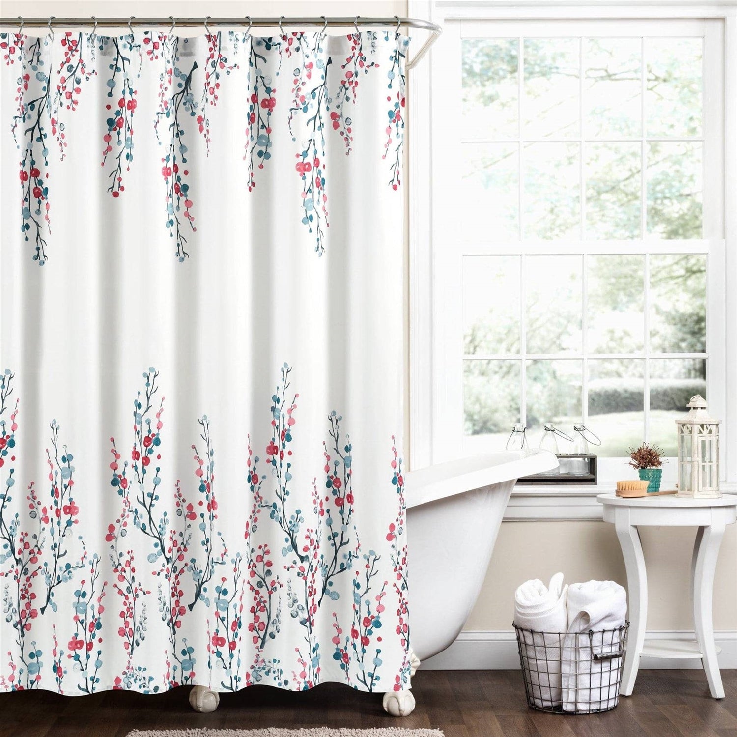 72-inch White Blue Coral Watercolor Floral Shower Curtain-1