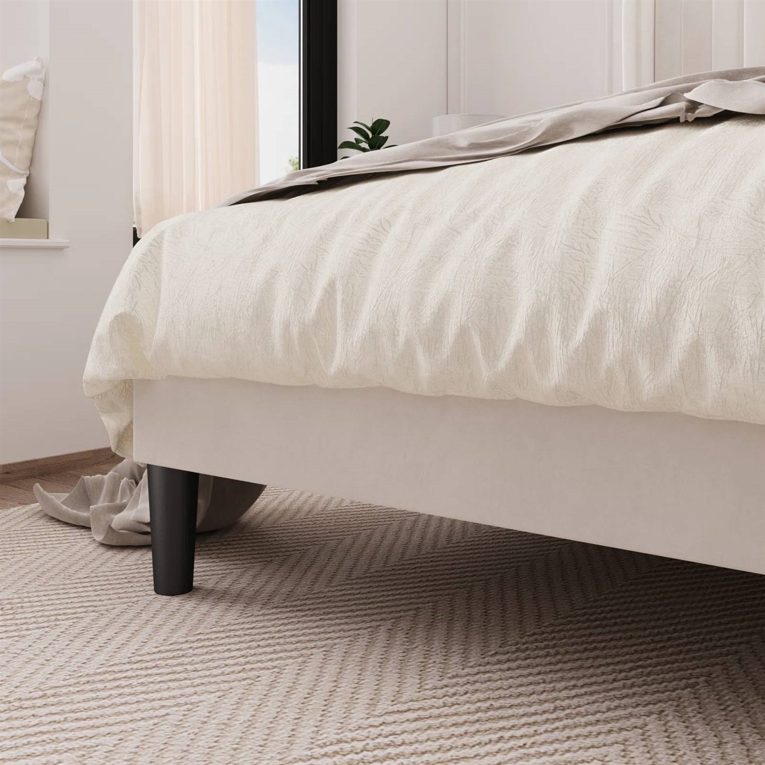 Full size White Velvet Upholstered Platform Bed Frame with Wingback Headboard-2