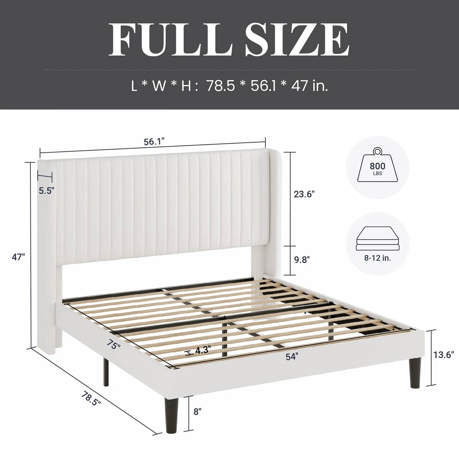 Full size White Velvet Upholstered Platform Bed Frame with Wingback Headboard-4