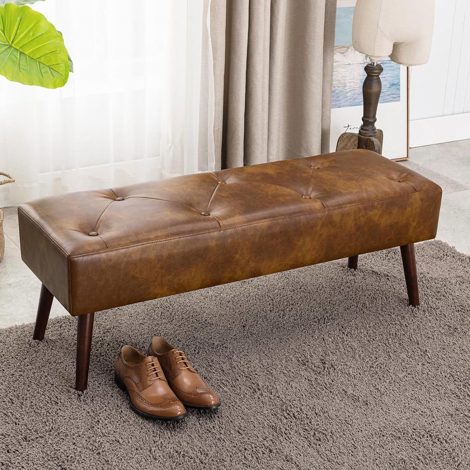 Mid-Century End of Bed Bench with Brown Leather Upholstered Seat Solid Wood Legs-1