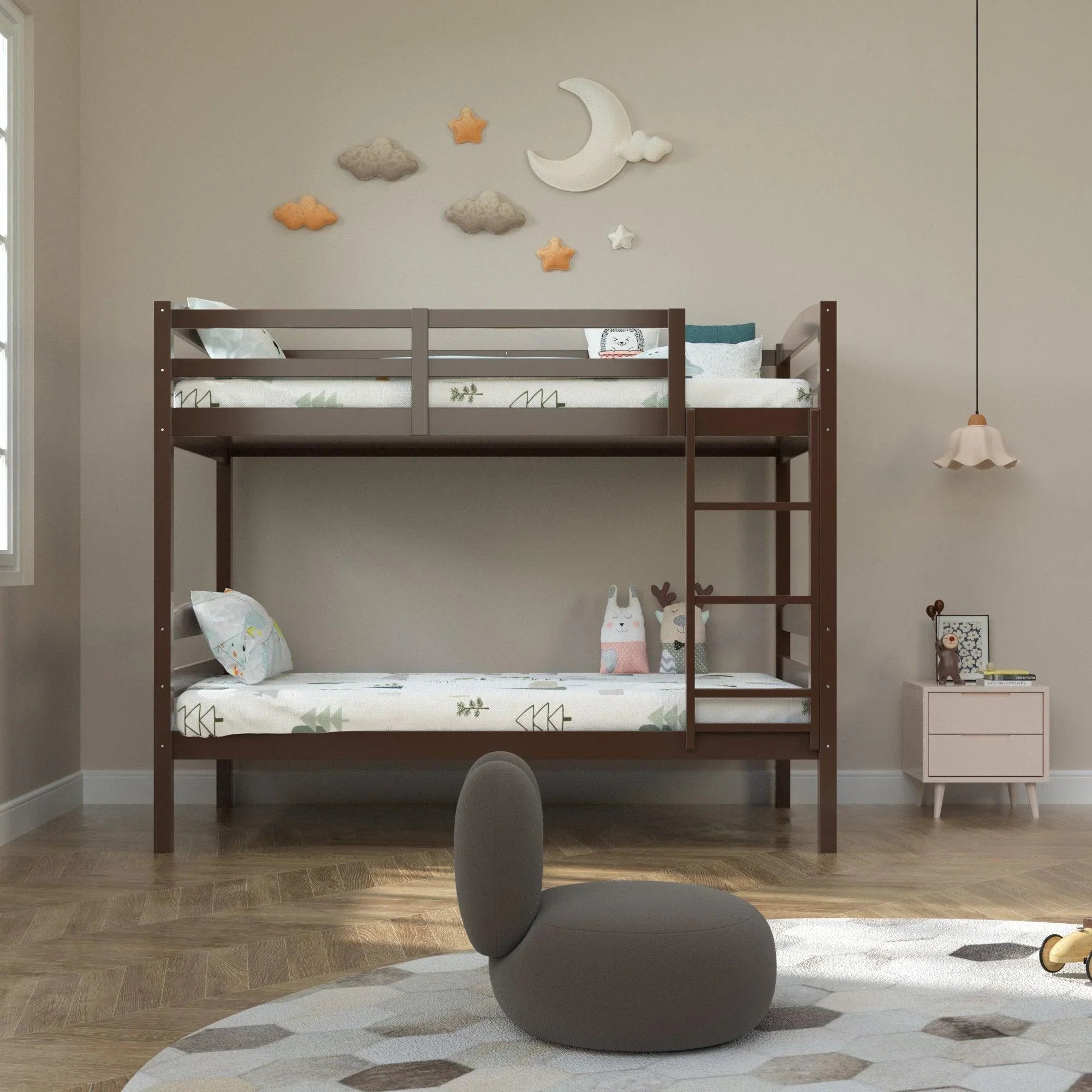 Transitional Solid Hardwood Twin over Twin Bunk Bed, Patented Insert & Lock Joint for Extra Safety for Kids