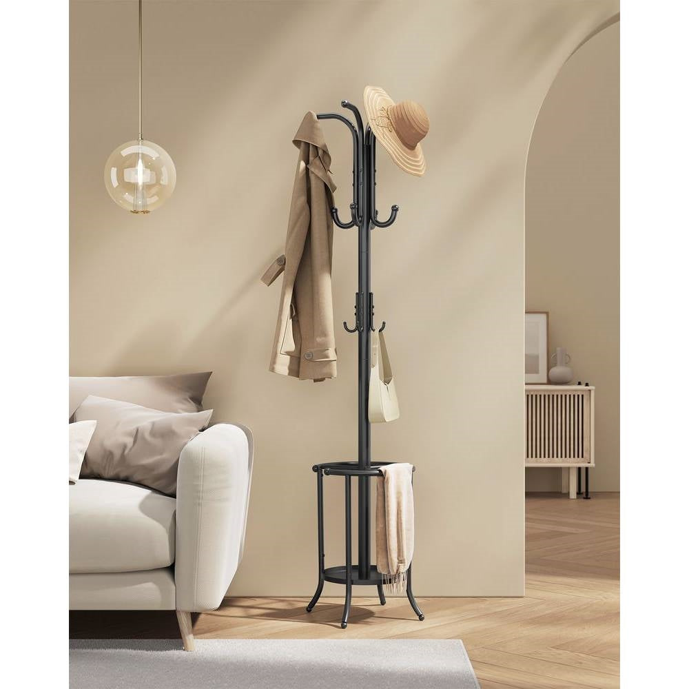 Heavy Duty Black Metal Coat Rack with Umbrella Holder-0