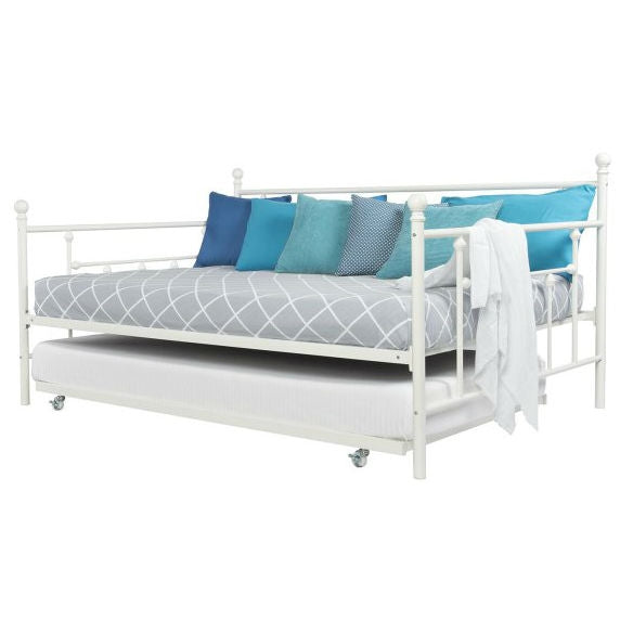 Full size White Metal Daybed with Twin Roll-out Trundle Bed-0