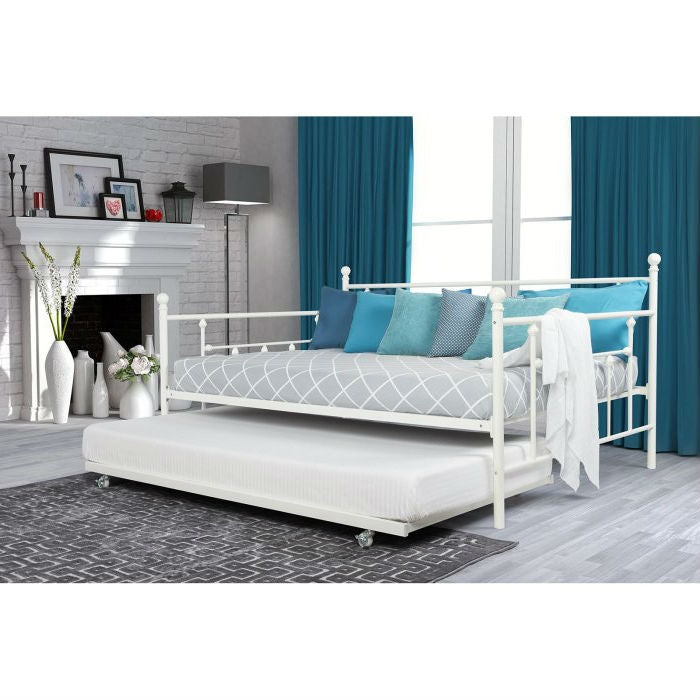 Full size White Metal Daybed with Twin Roll-out Trundle Bed-1