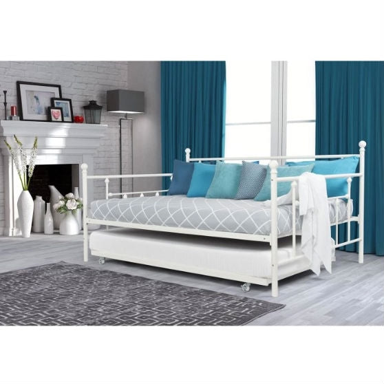 Full size White Metal Daybed with Twin Roll-out Trundle Bed-2