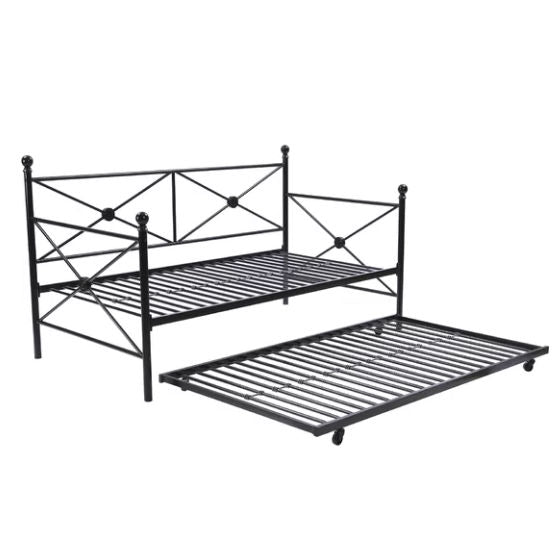 Full size Black Metal Daybed Frame with Twin Roll-out Trundle-0