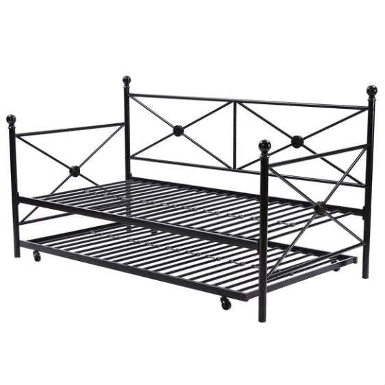 Full size Black Metal Daybed Frame with Twin Roll-out Trundle-1