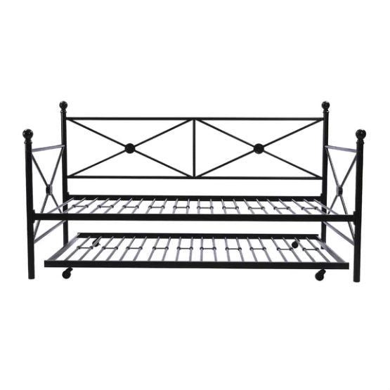 Full size Black Metal Daybed Frame with Twin Roll-out Trundle-2