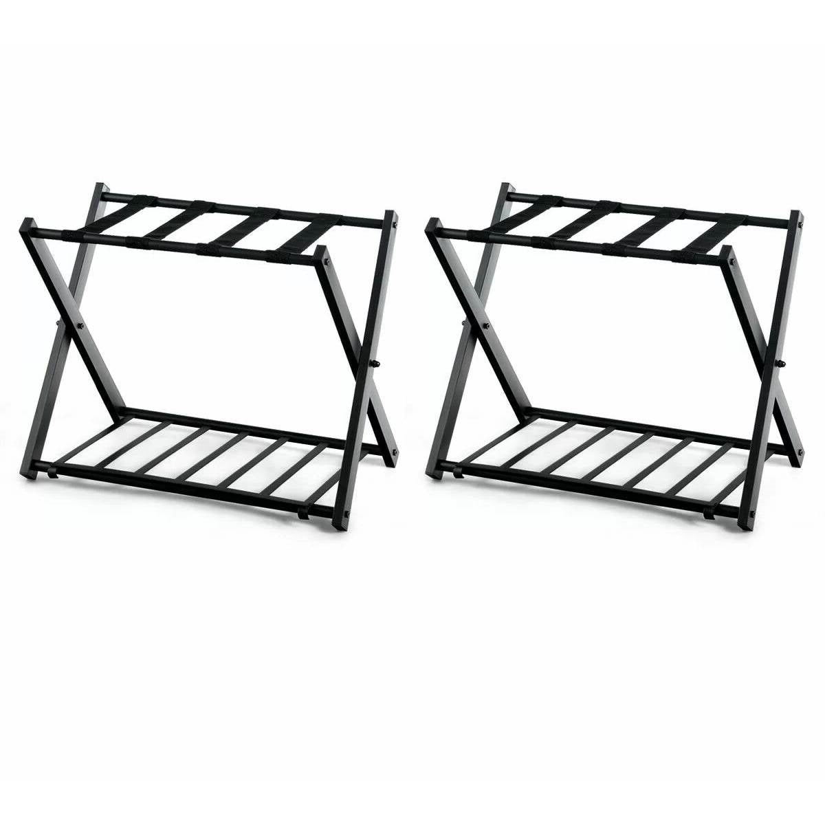 Set of 2 - Folding Black Metal Luggage Rack with Bottom Storage Shelf-0