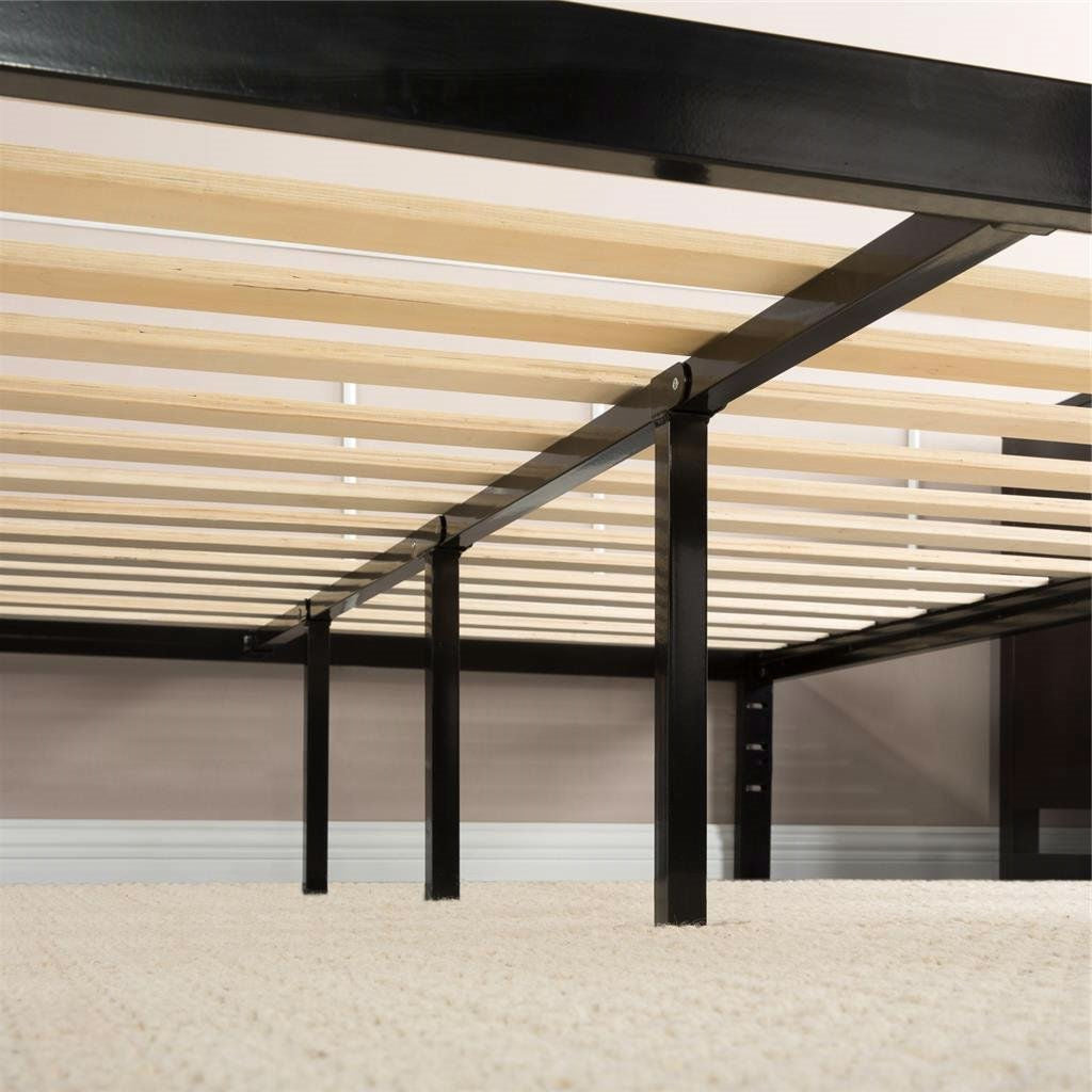 Full Metal Platform Bed Frame with Wooden Mattress Support Slats