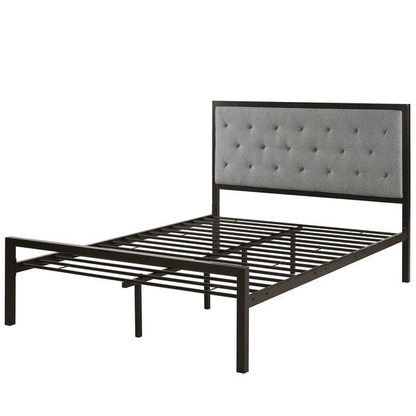 Full Metal Platform Bed with Grey Upholstered Button Tufted Fabric Headboard-0