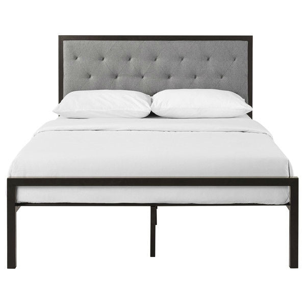 Full Metal Platform Bed with Grey Upholstered Button Tufted Fabric Headboard-2