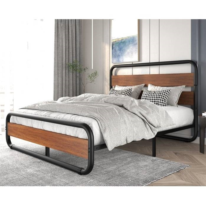 Full Heavy Duty Industrial Modern Metal Wood Platform Bed Frame with Headboard-3