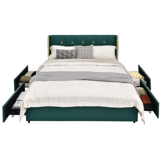 Full Size Green/Gold Linen Headboard 4 Drawer Storage Platform Bed-0