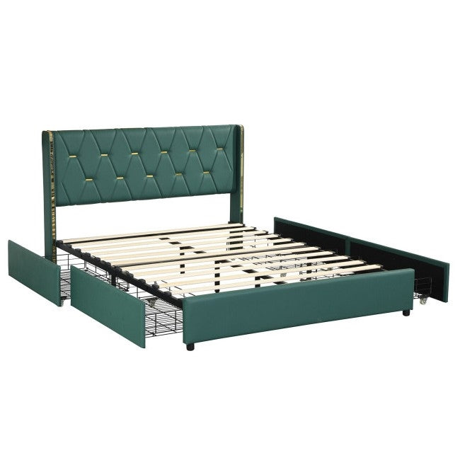 Full Size Green/Gold Linen Headboard 4 Drawer Storage Platform Bed-1