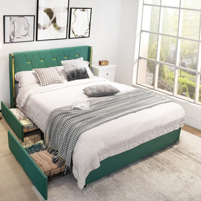 Full Size Green/Gold Linen Headboard 4 Drawer Storage Platform Bed-3