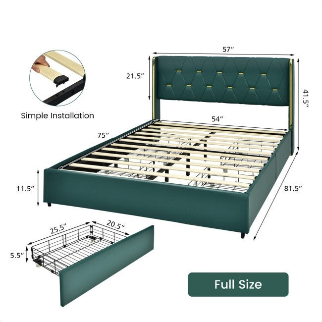 Full Size Green/Gold Linen Headboard 4 Drawer Storage Platform Bed-4