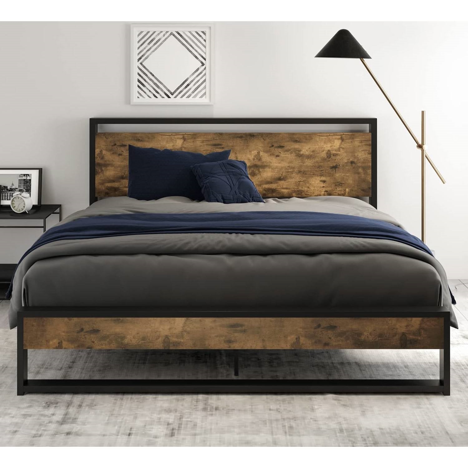 Full size Metal Wood Platform Bed Frame with Industrial Headboard-1