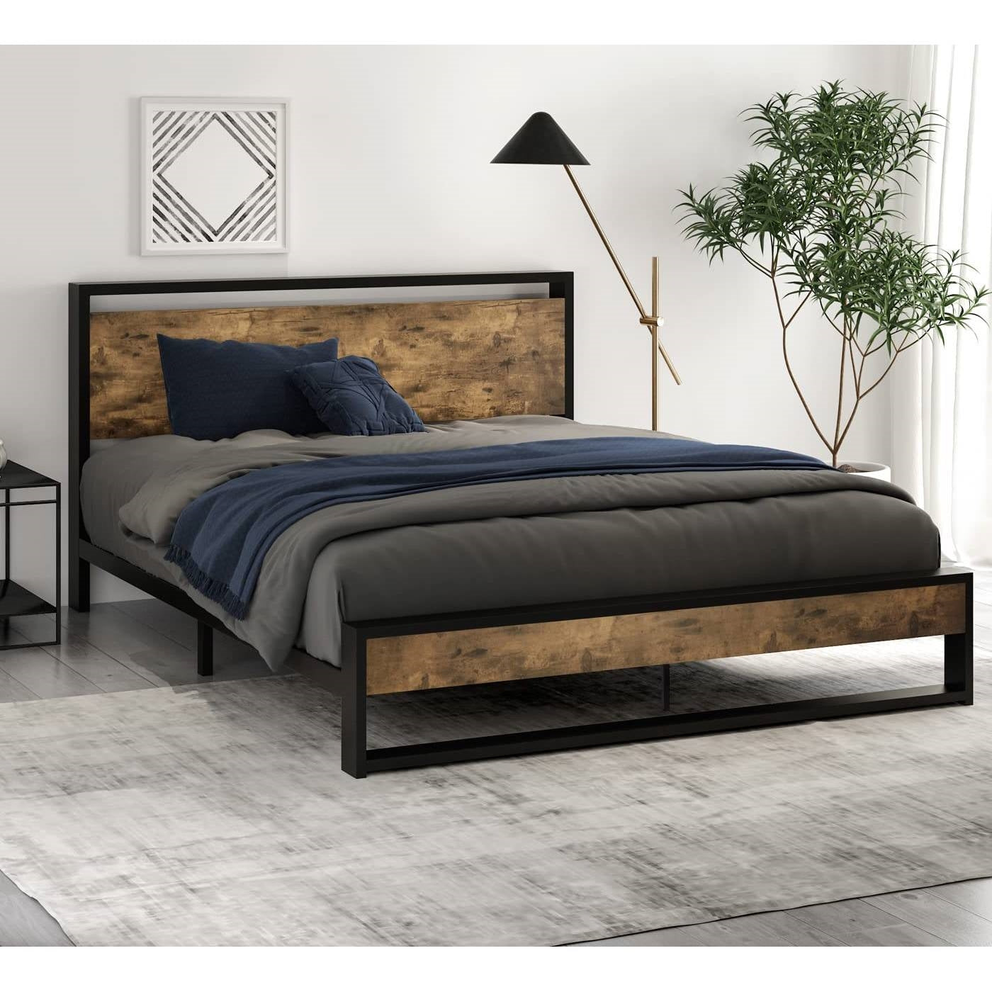 Full size Metal Wood Platform Bed Frame with Industrial Headboard-2