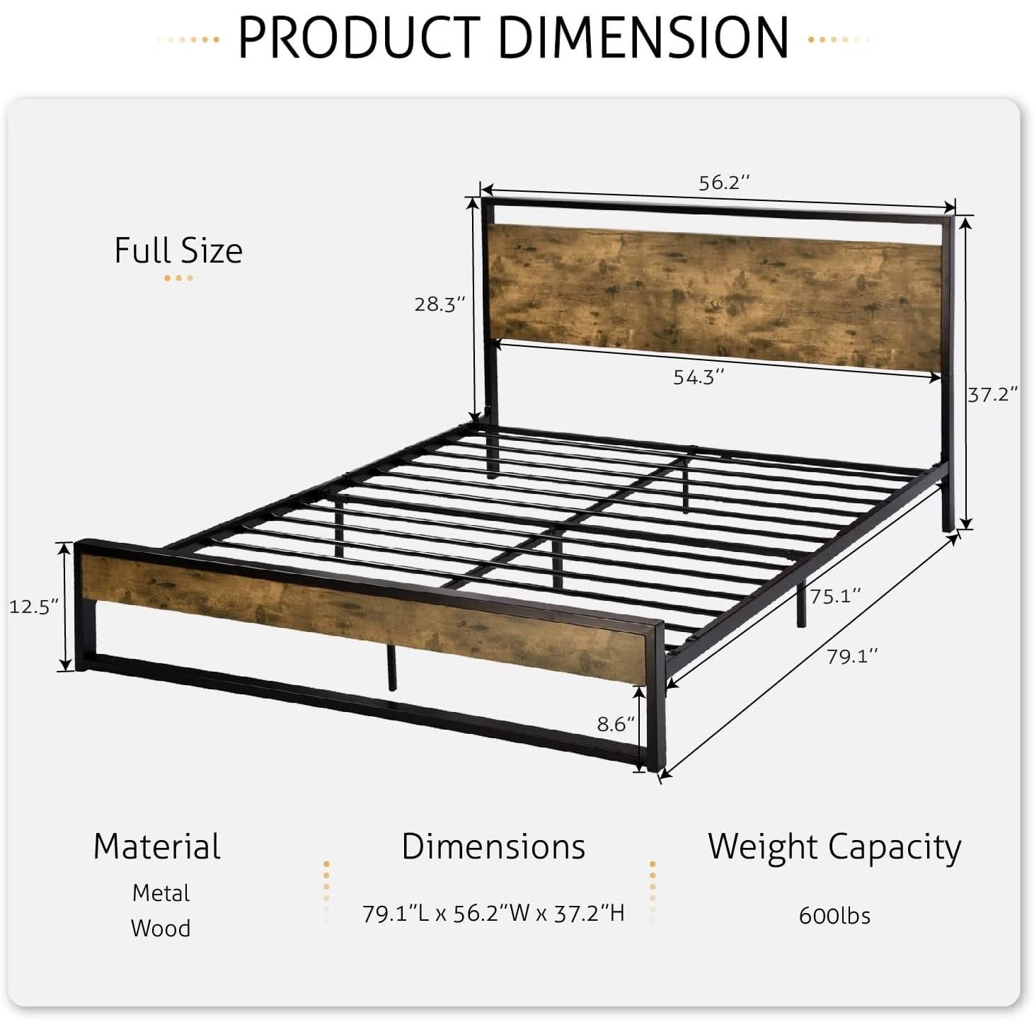 Full size Metal Wood Platform Bed Frame with Industrial Headboard-3