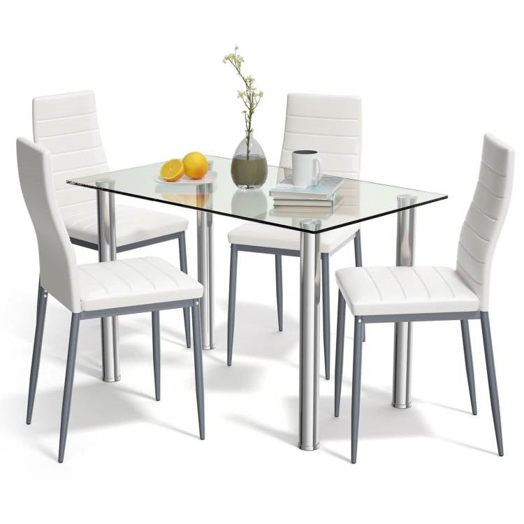 Modern 5-Piece Dining Set with Glass Top Table and 4 White PVC Leather Chairs-0