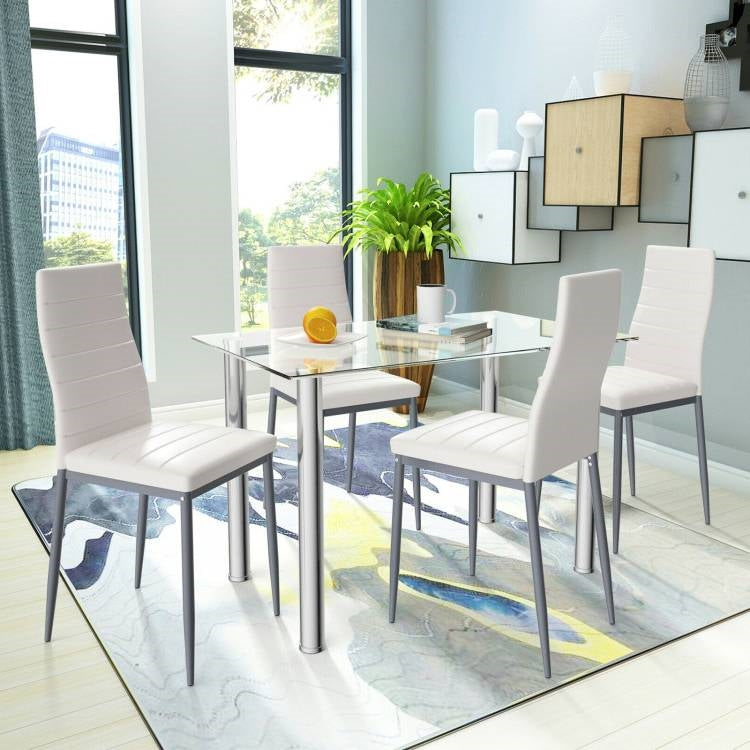 Modern 5-Piece Dining Set with Glass Top Table and 4 White PVC Leather Chairs-1