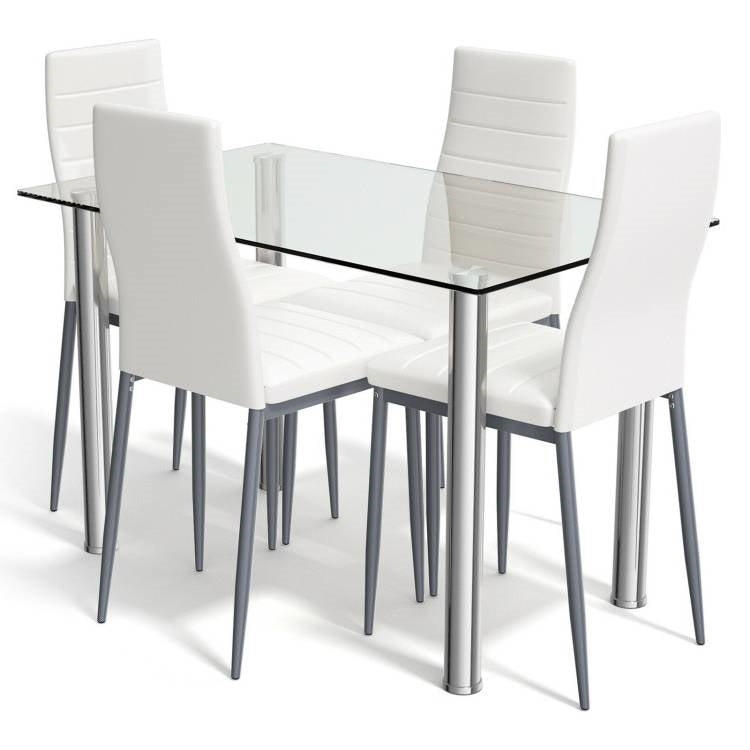 Modern 5-Piece Dining Set with Glass Top Table and 4 White PVC Leather Chairs-3