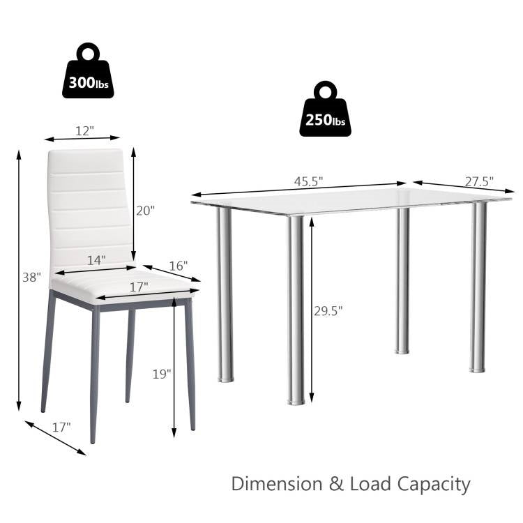 Modern 5-Piece Dining Set with Glass Top Table and 4 White PVC Leather Chairs-4