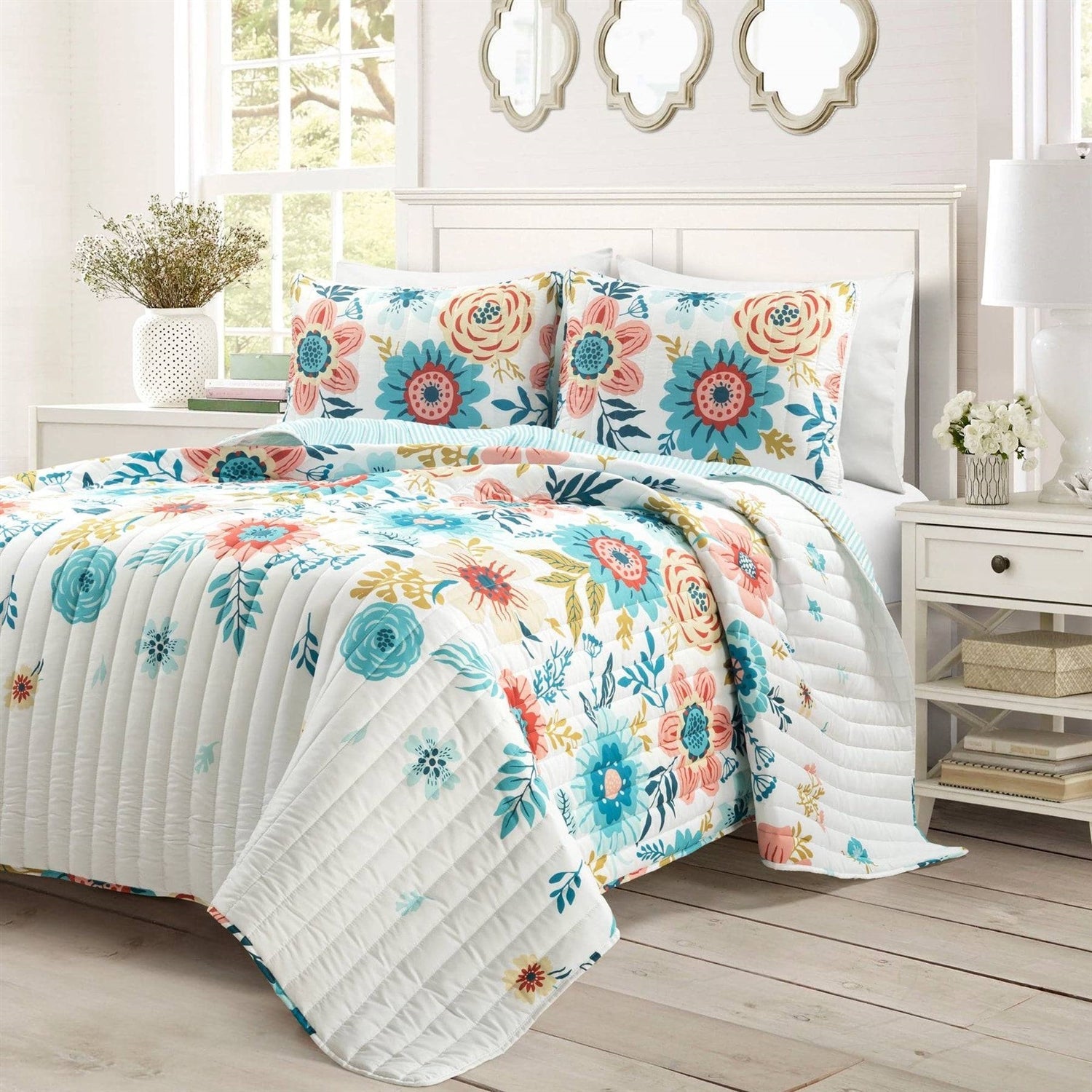 Full/Queen Lightweight Floral Teal Blue Pink White 3-Piece Polyester Quilt Set-0