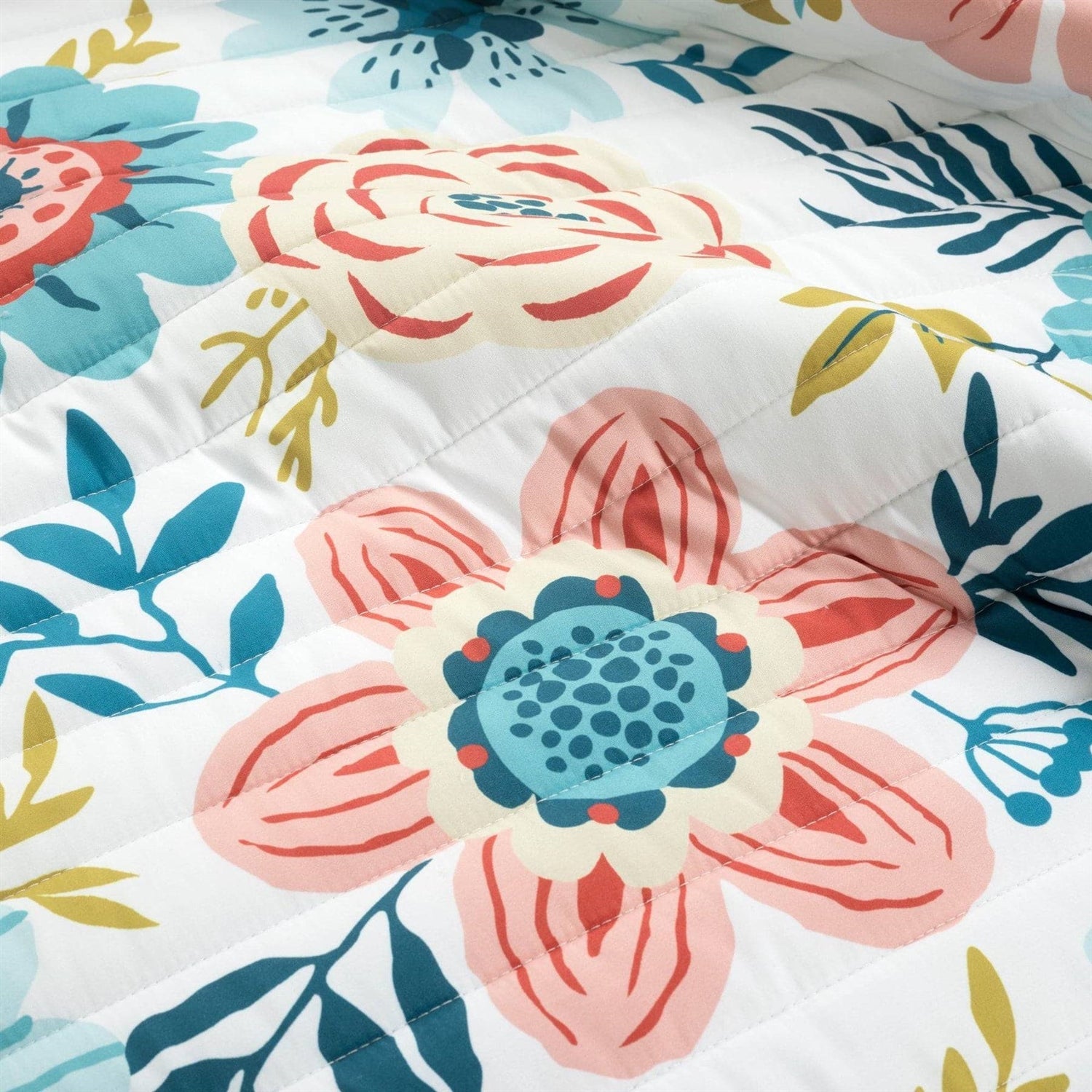 Full/Queen Lightweight Floral Teal Blue Pink White 3-Piece Polyester Quilt Set-2