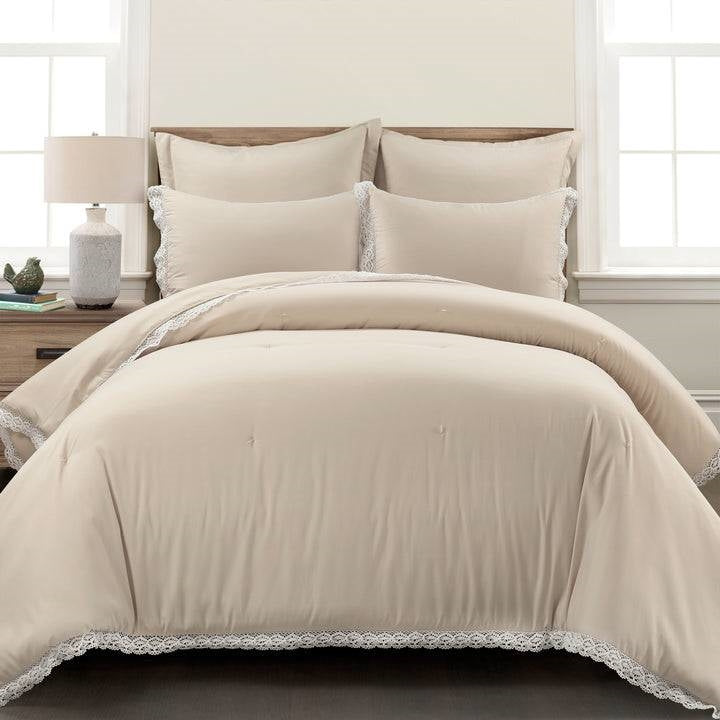 Full/Queen French Country Beige 5-Piece Lightweight Comforter Set w/ Lace Trim-1