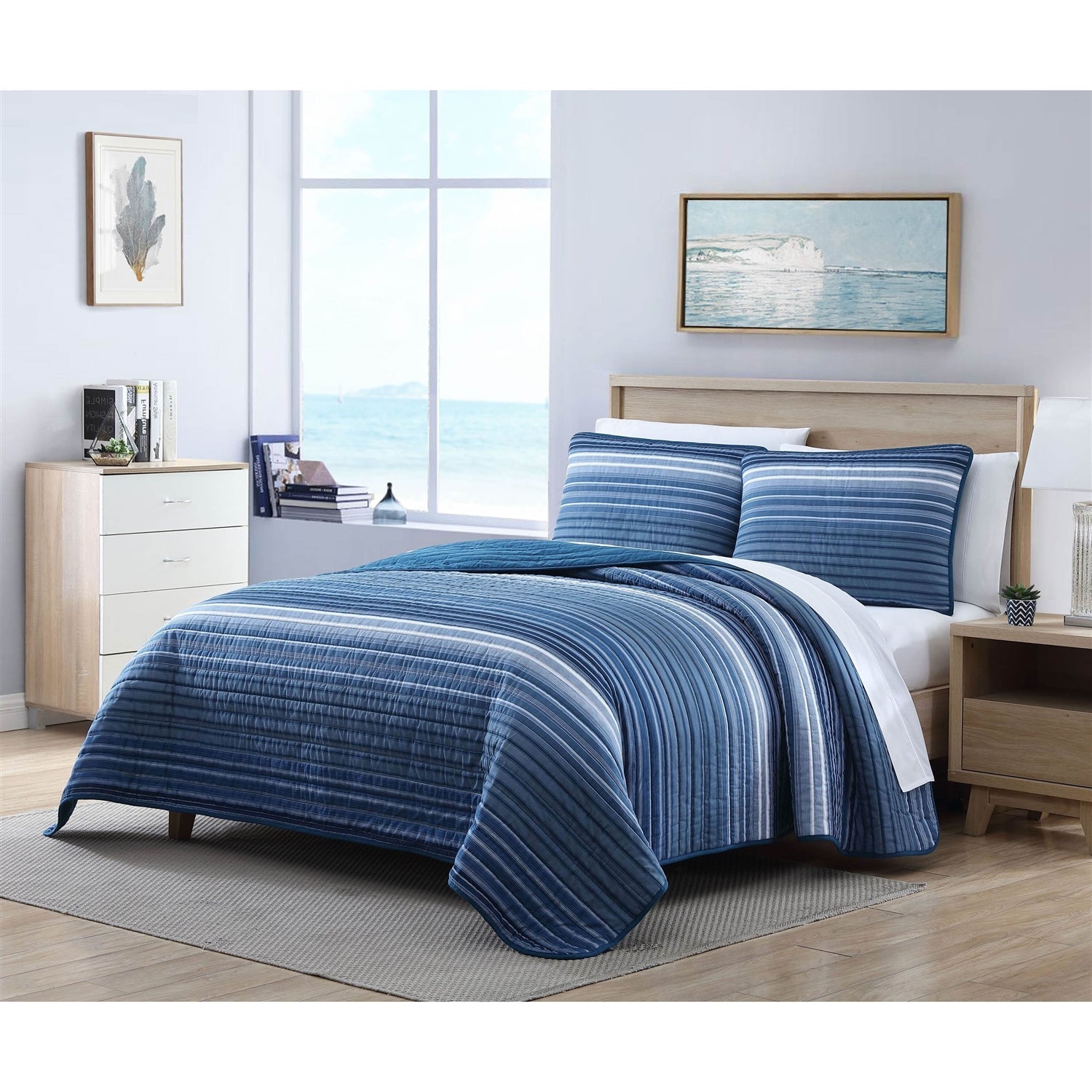 Full/Queen Size Coastal Blue Stripe Reversible Cotton Quilt Set-1