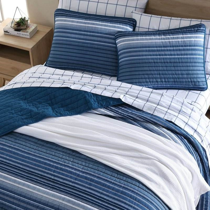 Full/Queen Size Coastal Blue Stripe Reversible Cotton Quilt Set-2