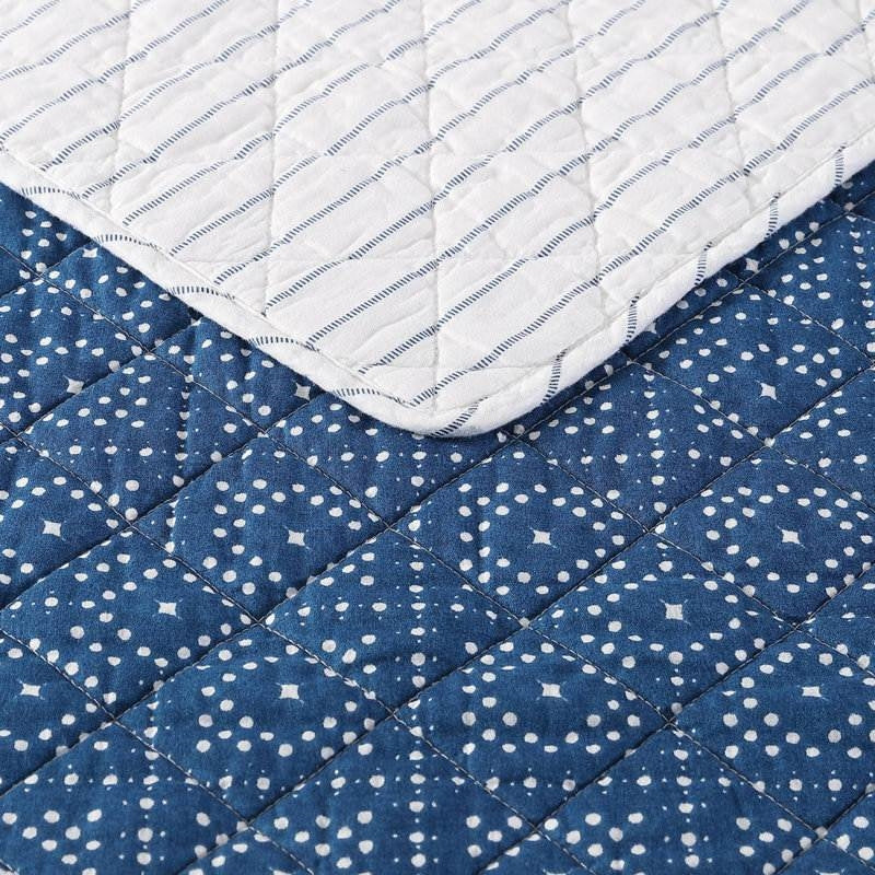 Full Queen Blue White Dots and Stripes 100-Percent Cotton Reversible Quilt Set-3